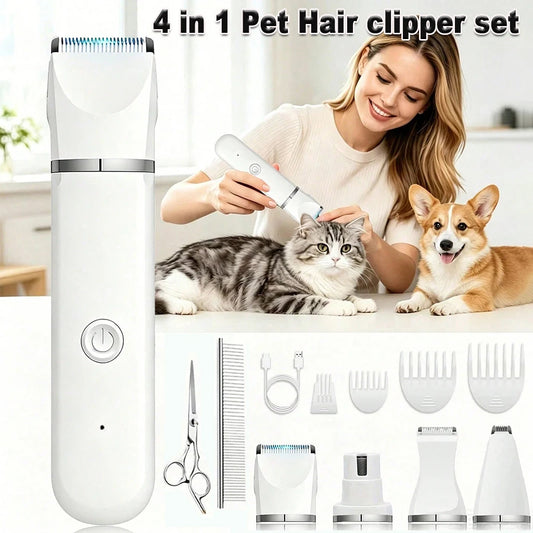 4-in-1 Pet Hair Clipper Rechargeable Dog Cat Trimmer Kit Cordless Electric Grooming Shaver with Comb Guide for Puppy Kitten