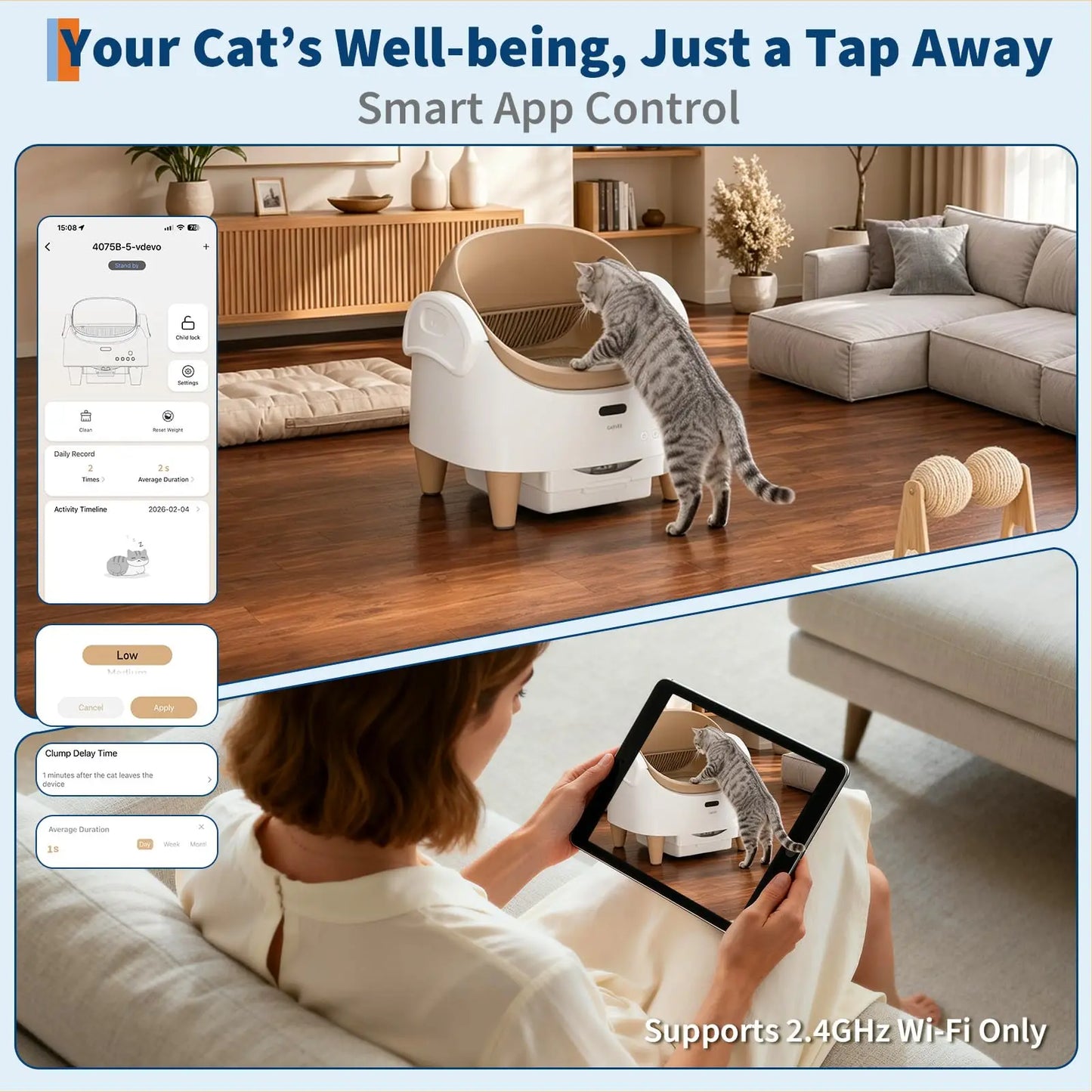 Automatic Self-Cleaning Cat Litter Box with App Control, Open-Top Smart Cat Litter Box with 360° Safety Sensors & Odor Control, Large Waste Bin, Ideal for Multiple Cats