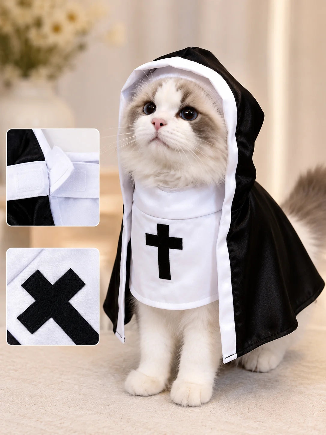 Lightweight Comfortable Pet Cosplay Hooded Cape Outfit, For Small Medium Cats Dogs, Smooth Satin Fabric With Embroidered Cross Pattern, Pet Halloween Costume Cloak, Festival Dress‑up Apparel, Theme Party Props For Cosplay G
