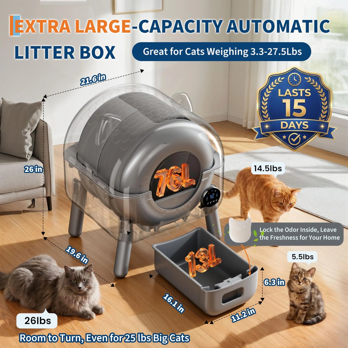 Automatic Self Cleaning Cat Litter Box, 72L Large Capacity For Multiple Cats, App Controlled, Odor Control, Quiet Safe Design