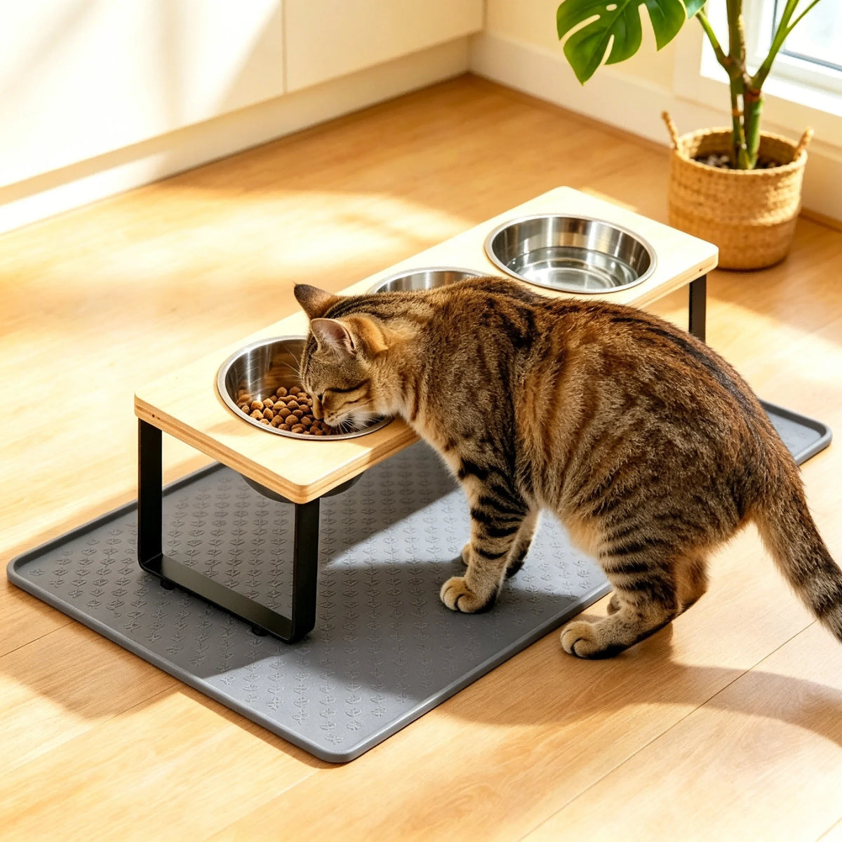 3 Bowls Elevated Cat or Dog Feeder 15° Tilted Bamboo Iron Stand Stainless Steel Pet Food Water Bowls Waterproof Anti-slip Silicone Feeding Mat for Kittens Puppies