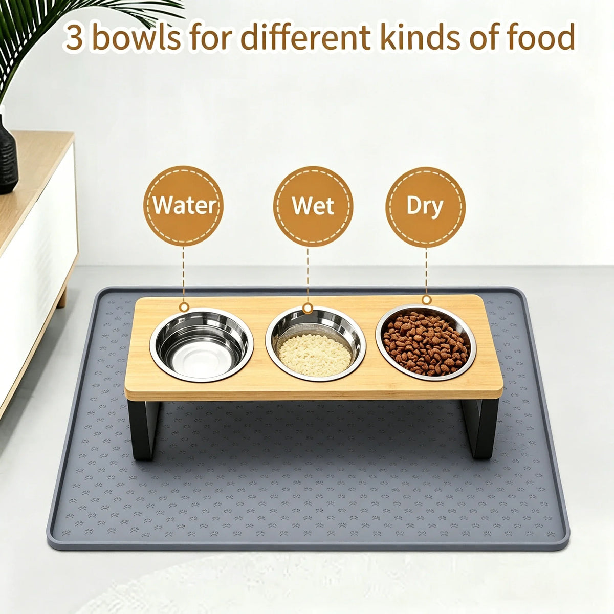 3 Bowls Elevated Cat or Dog Feeder 15° Tilted Bamboo Iron Stand Stainless Steel Pet Food Water Bowls Waterproof Anti-slip Silicone Feeding Mat for Kittens Puppies