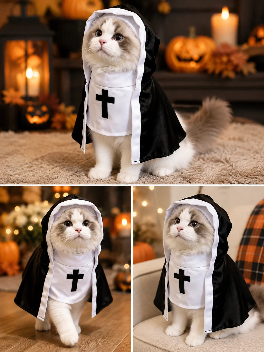 Lightweight Comfortable Pet Cosplay Hooded Cape Outfit, For Small Medium Cats Dogs, Smooth Satin Fabric With Embroidered Cross Pattern, Pet Halloween Costume Cloak, Festival Dress‑up Apparel, Theme Party Props For Cosplay G