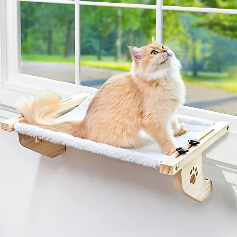 Cat Window Sill, Cat Window Hammock, Suitable for Indoor Cats, Wooden and Metal Frame, Easy to Adjust Window Sill, Bedside