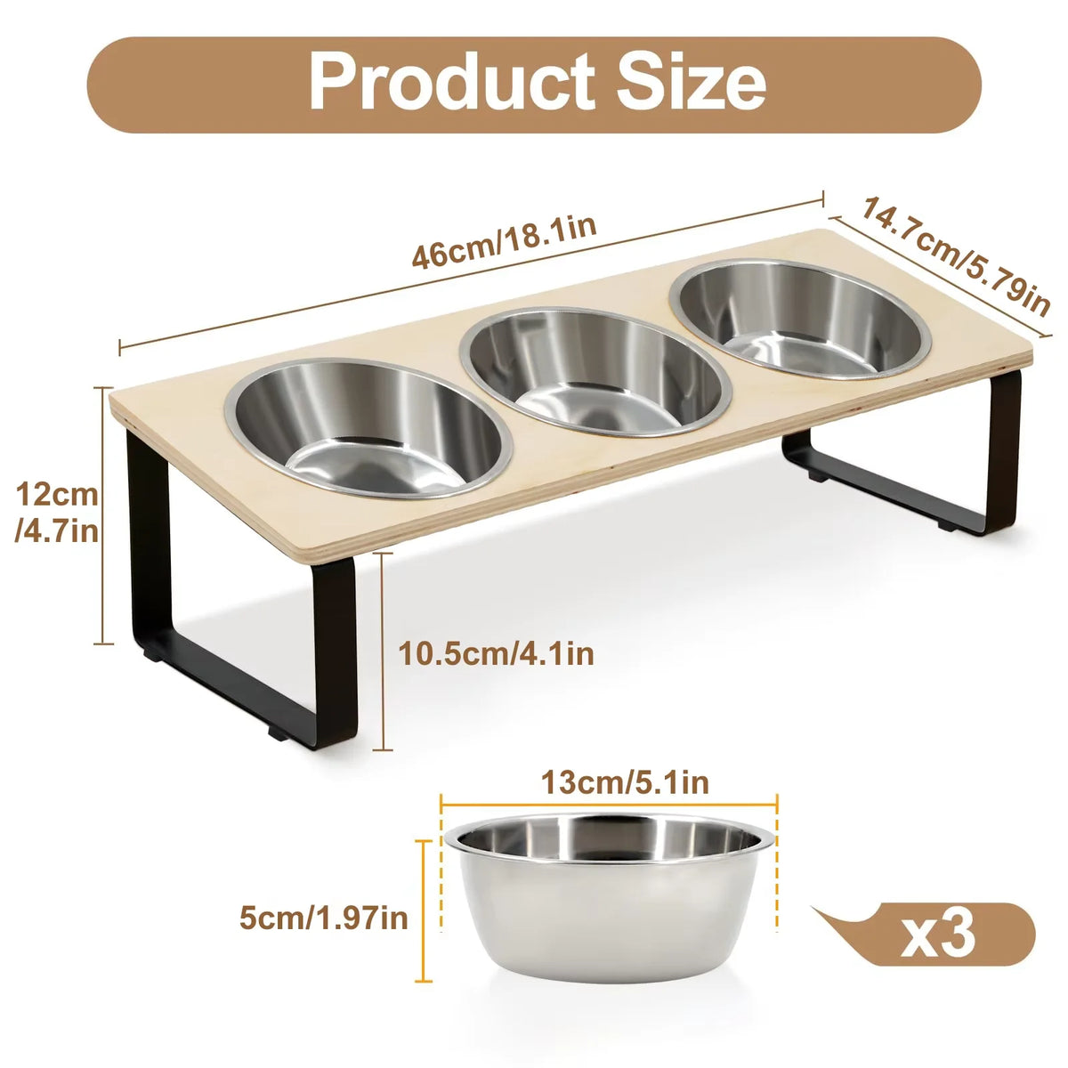 3 Bowls Elevated Cat or Dog Feeder 15° Tilted Bamboo Iron Stand Stainless Steel Pet Food Water Bowls Waterproof Anti-slip Silicone Feeding Mat for Kittens Puppies