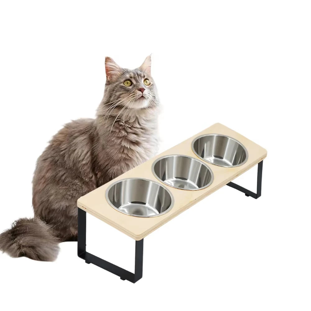3 Bowls Elevated Cat or Dog Feeder 15° Tilted Bamboo Iron Stand Stainless Steel Pet Food Water Bowls Waterproof Anti-slip Silicone Feeding Mat for Kittens Puppies