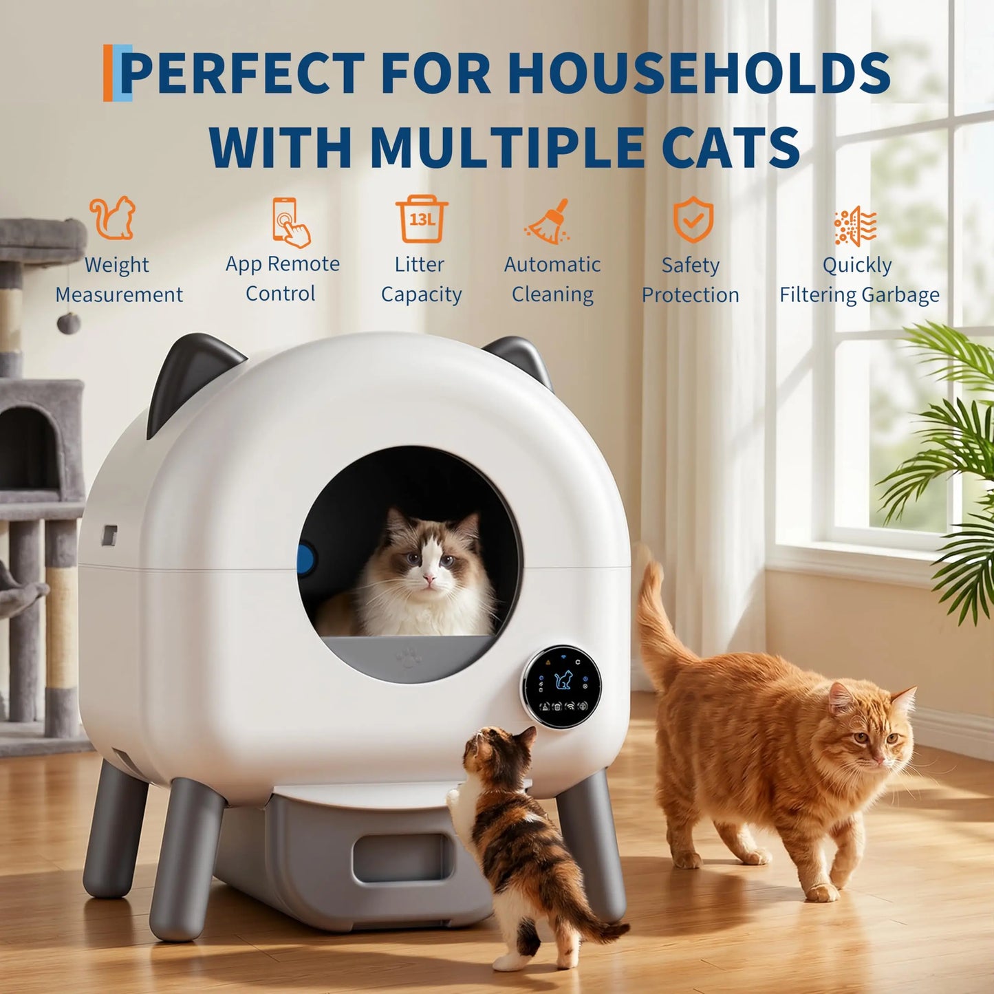 Automatic Self Cleaning Cat Litter Box, 72L Large Capacity For Multiple Cats, App Controlled, Odor Control, Quiet Safe Design