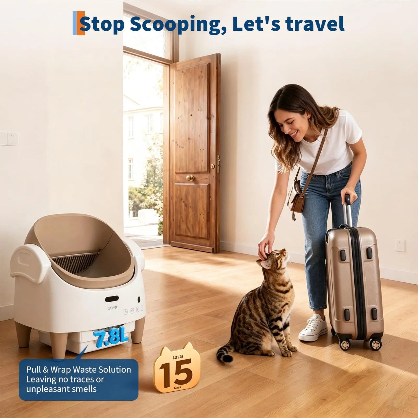 Automatic Self-Cleaning Cat Litter Box with App Control, Open-Top Smart Cat Litter Box with 360° Safety Sensors & Odor Control, Large Waste Bin, Ideal for Multiple Cats