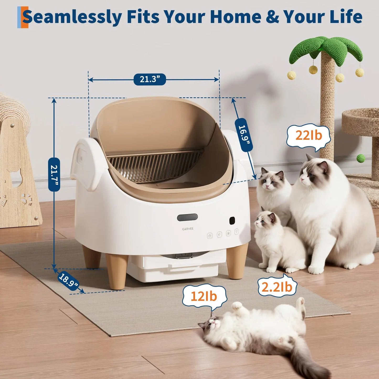 Automatic Self-Cleaning Cat Litter Box with App Control, Open-Top Smart Cat Litter Box with 360° Safety Sensors & Odor Control, Large Waste Bin, Ideal for Multiple Cats