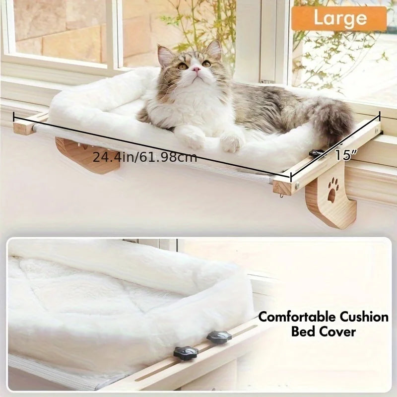 Cat Window Sill, Cat Window Hammock, Suitable for Indoor Cats, Wooden and Metal Frame, Easy to Adjust Window Sill, Bedside