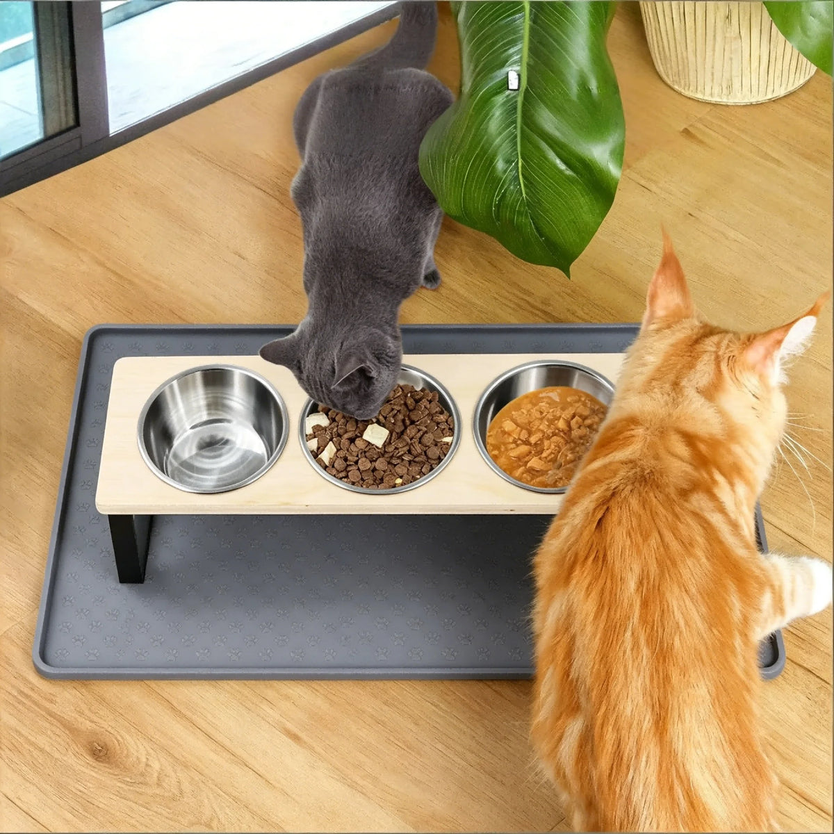 3 Bowls Elevated Cat or Dog Feeder 15° Tilted Bamboo Iron Stand Stainless Steel Pet Food Water Bowls Waterproof Anti-slip Silicone Feeding Mat for Kittens Puppies