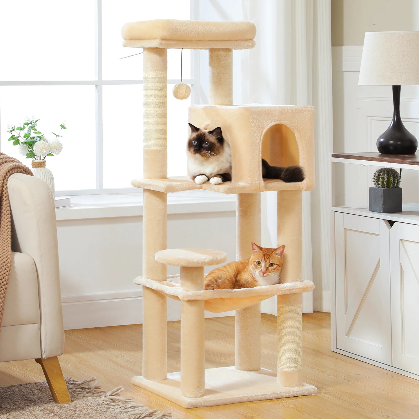 5-Level Cat Tree 113cm Cat Tower with Top Perch,Soft Condo,Natural Sisal Scratching Post,Attractive Pompom,Anti-tip kit,Hammock
