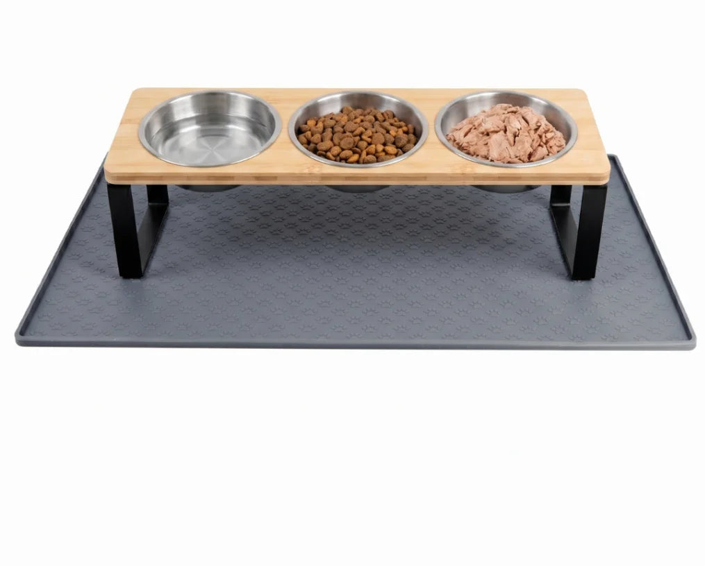 3 Bowls Elevated Cat or Dog Feeder 15° Tilted Bamboo Iron Stand Stainless Steel Pet Food Water Bowls Waterproof Anti-slip Silicone Feeding Mat for Kittens Puppies