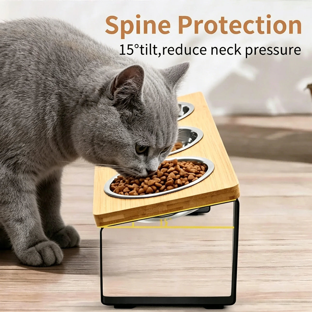 3 Bowls Elevated Cat or Dog Feeder 15° Tilted Bamboo Iron Stand Stainless Steel Pet Food Water Bowls Waterproof Anti-slip Silicone Feeding Mat for Kittens Puppies